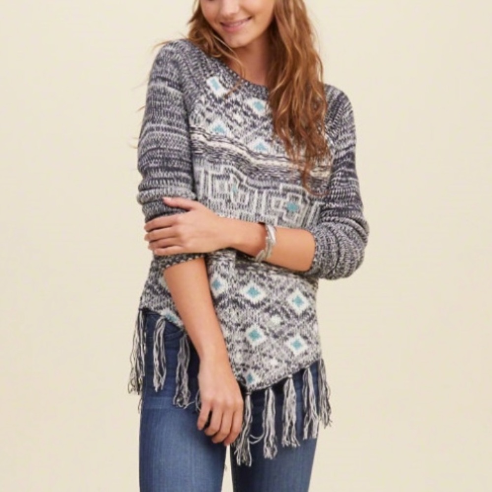 Hollister Navy pattern fringed hem poncho sweater
